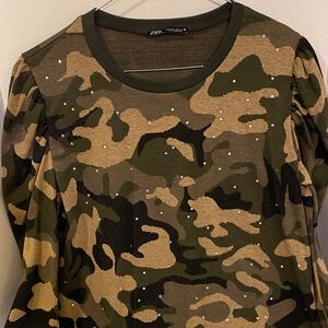 Zara Green Camouflage Embellished Top